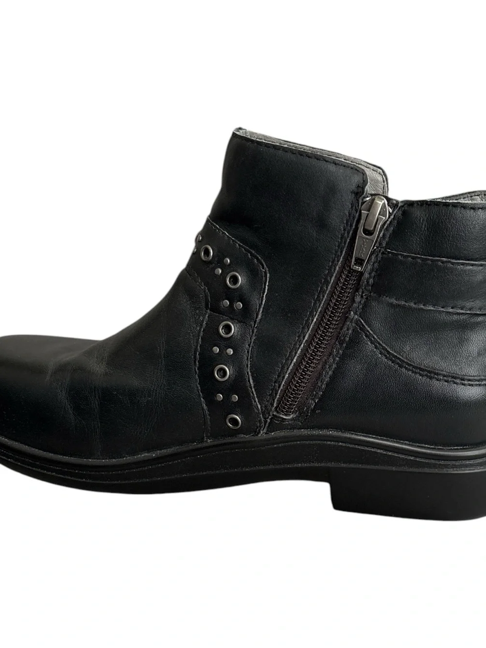 Alegria Zoey Black Leather Ankle Boots with Studded Strap Side Zip